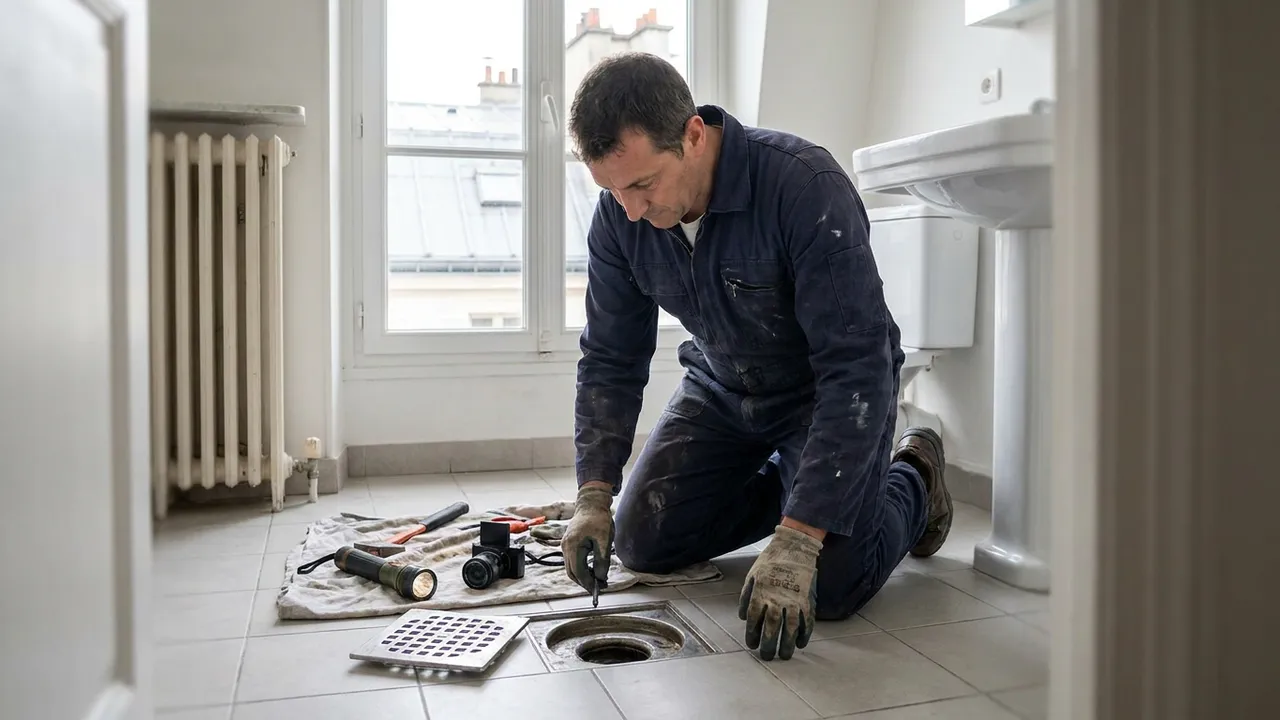 Inspection d'un siphon d'évier pour éliminer des odeurs de canalisation dans un appartement de Maisons-Alfort
