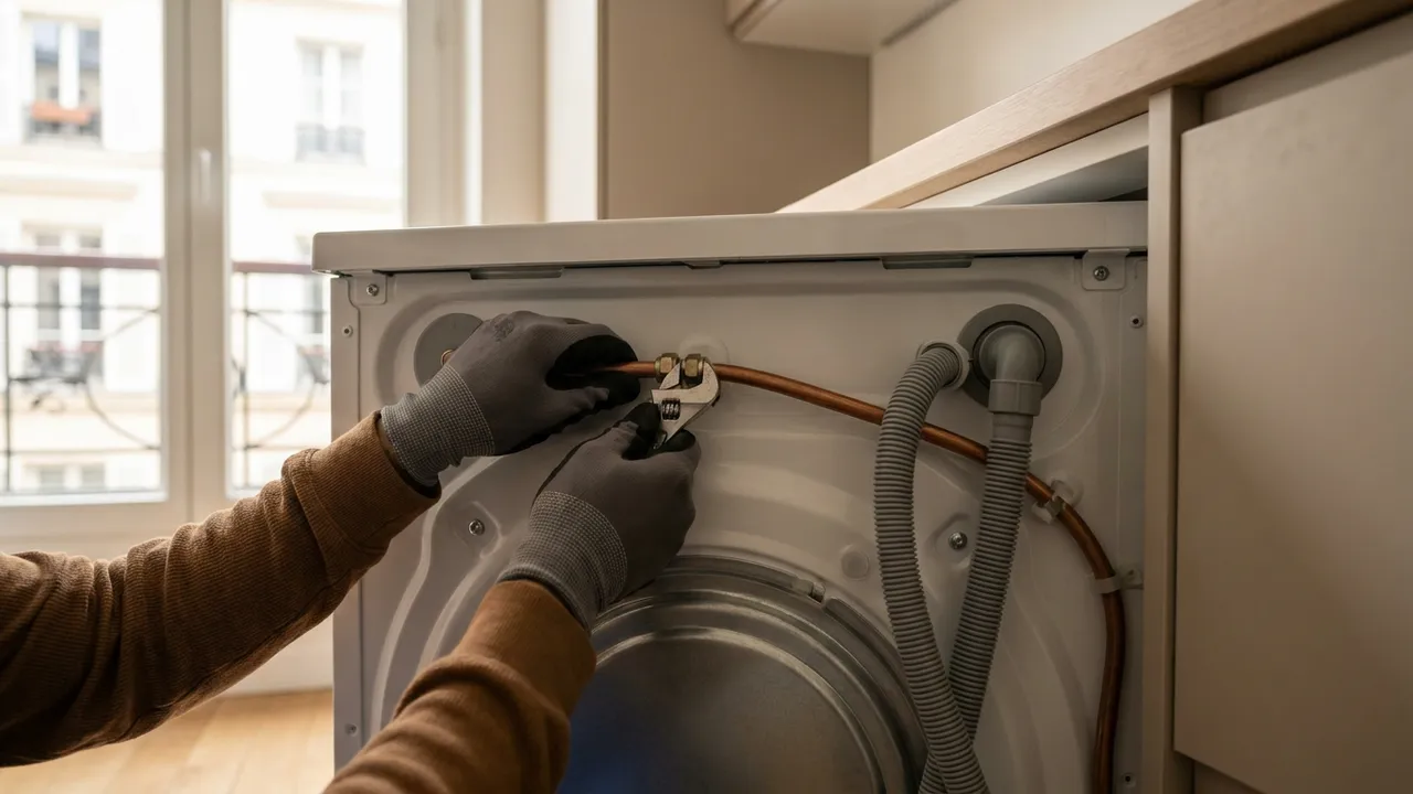 Raccordement d'un lave-linge sur robinet et siphon dédiés dans une cuisine de Maisons-Alfort