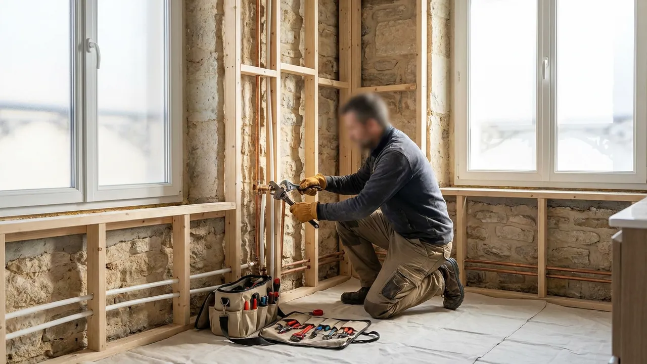 Chantier de rénovation de salle de bain avec nouvelles canalisations dans un appartement de Maisons-Alfort